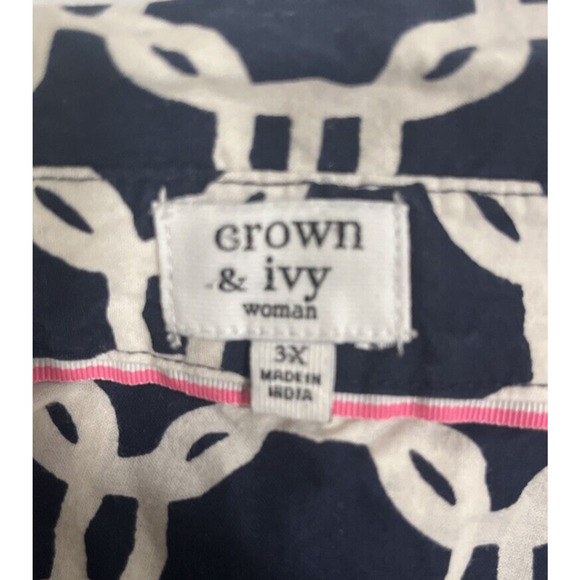 Crown & Ivy Women Blue White Geometric Blouse 3X Nautical Preppy Classic Capsule - Picture 4 of 10